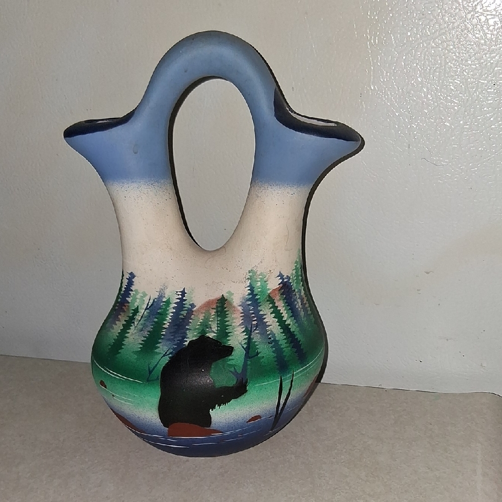 Handcrafted Ceramic Vase with Bear and Forest Design